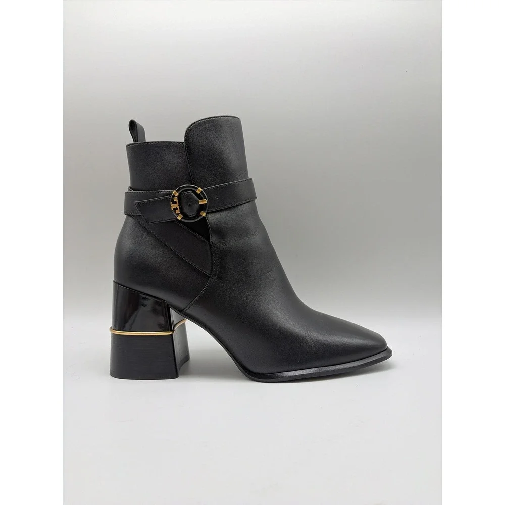 Tory Burch Multi Logo Leather Square Toe Block Heel Ankle Boots 9.5M 143326 G22